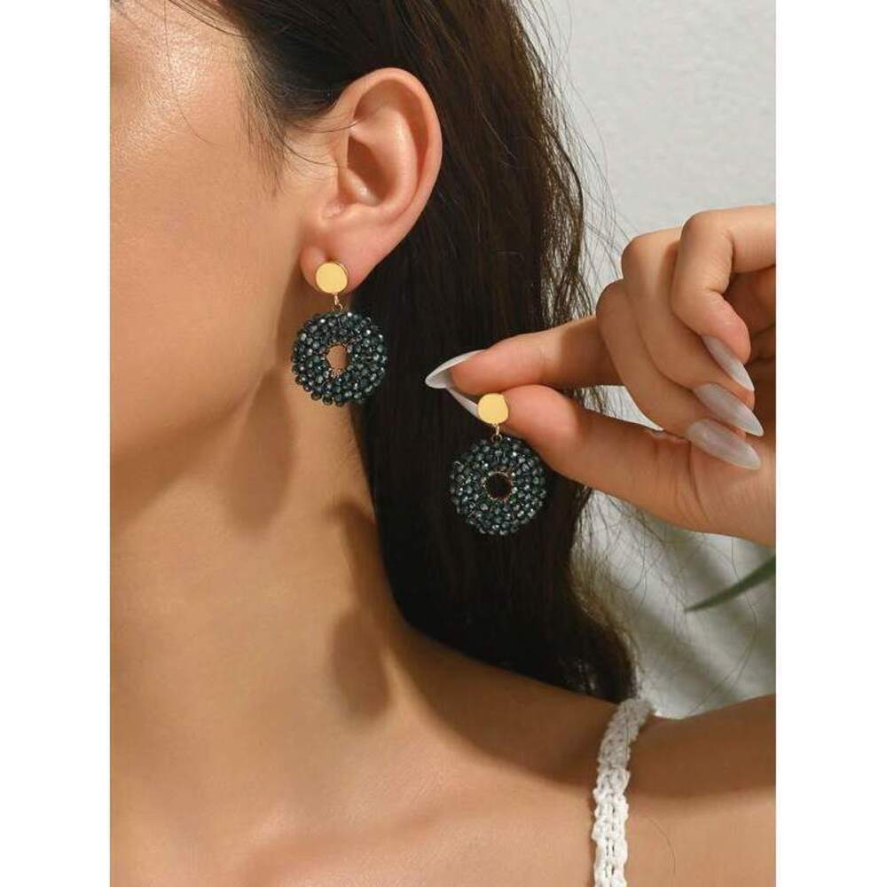 Handmade Hollow Woven Beaded Green Hoop Earrings, Geometric Round